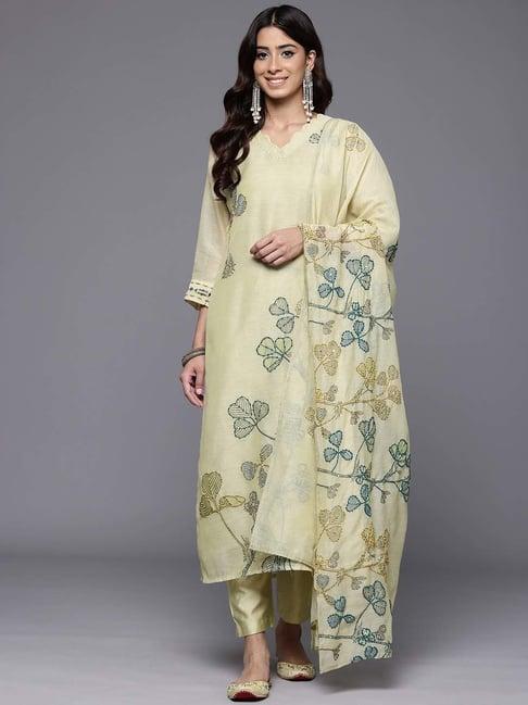 varanga olive green embroidered kurta pant set with dupatta