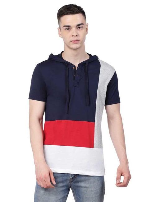 kalt white & navy regular fit hooded t-shirt