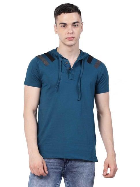 kalt teal regular fit striped hooded t-shirt