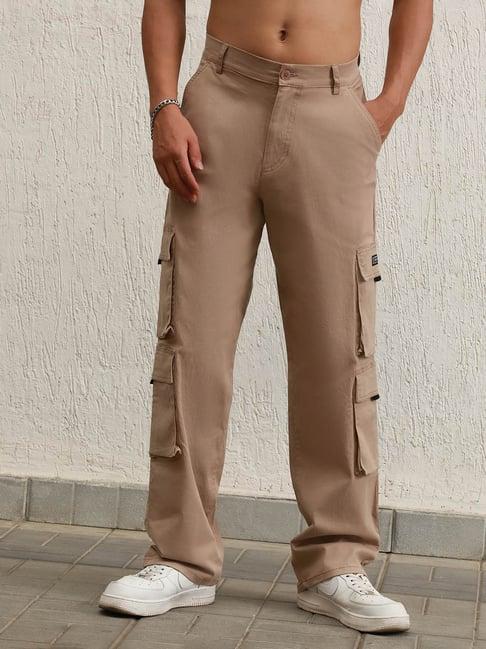 hubberholme taupe cotton loose fit mid-rise trousers