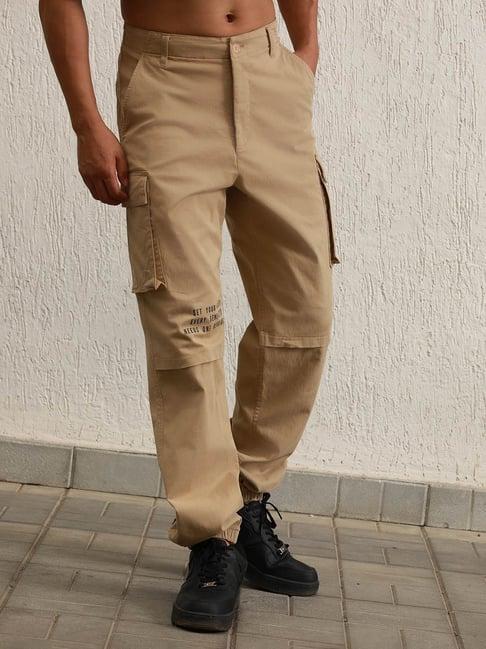 hubberholme khaki cotton loose fit mid-rise trousers