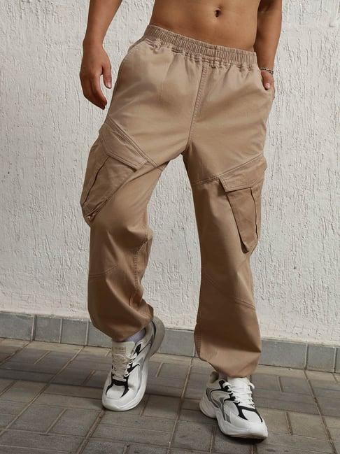 hubberholme taupe cotton loose fit mid-rise trousers