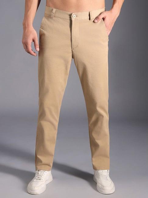 high star khaki cotton regular fit mid-rise trousers