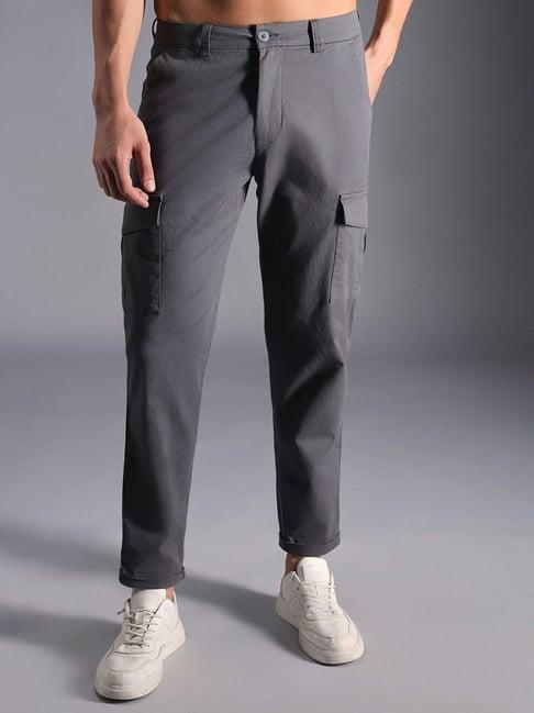 high star charcoal cotton regular fit mid-rise trousers