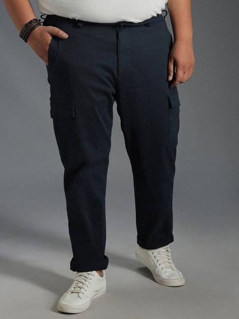 high star navy blue cotton slim fit mid-rise trousers