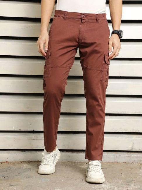 high star brown cotton regular fit mid-rise trousers