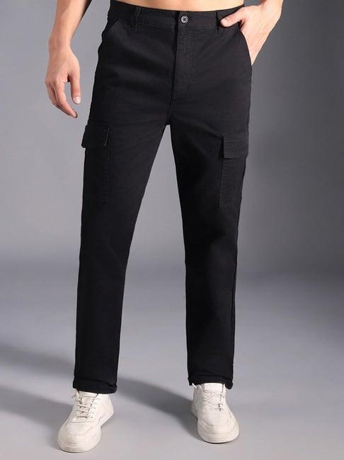 high star black cotton regular fit mid-rise trousers