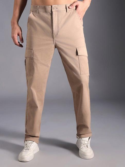 high star taupe cotton regular fit mid-rise trousers