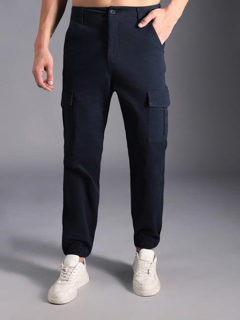 high star blue cotton regular fit mid-rise trousers