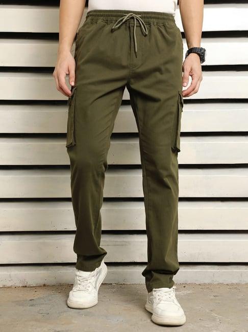 high star olive cotton loose fit mid-rise trousers