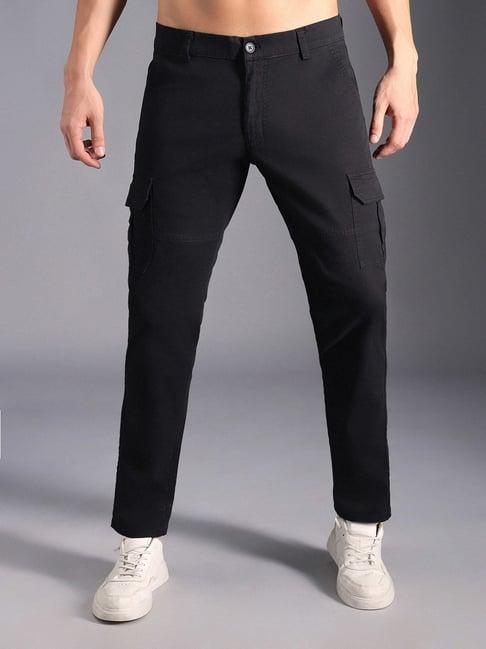 high star black cotton regular fit mid-rise trousers