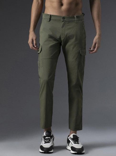 high star olive cotton regular fit mid-rise trousers