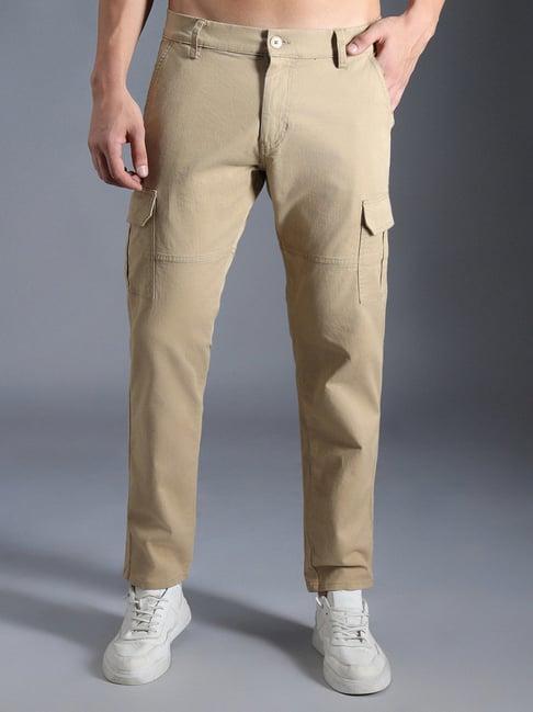 high star beige cotton regular fit mid-rise trousers