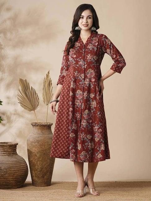 fashor maroon cotton floral print shirt dress