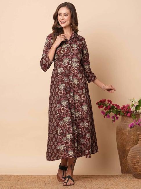 fashor brown cotton floral print a-line dress