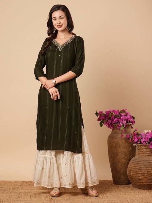 fashor olive green floral print straight kurta