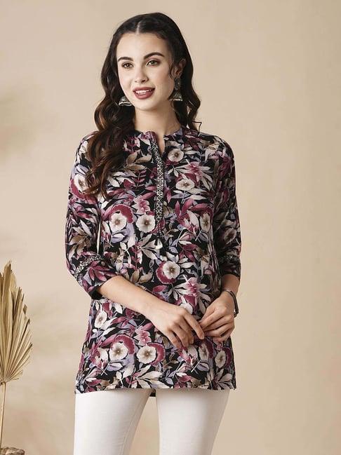 fashor black floral print straight kurti