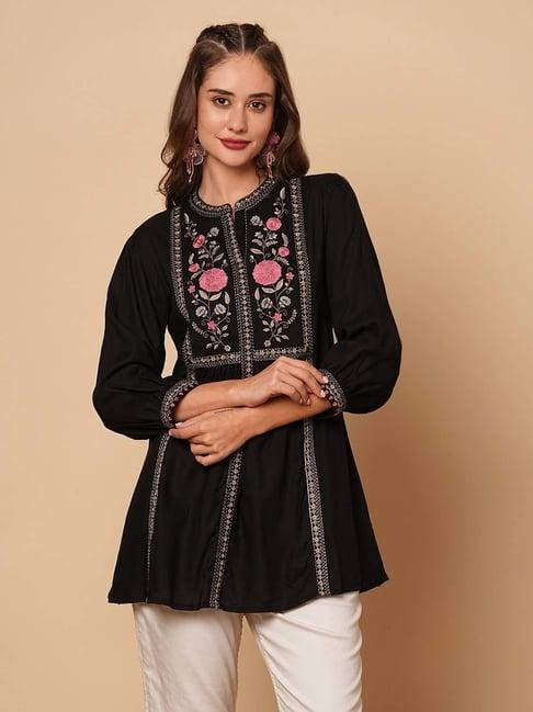 fashor black embroidered a line kurti