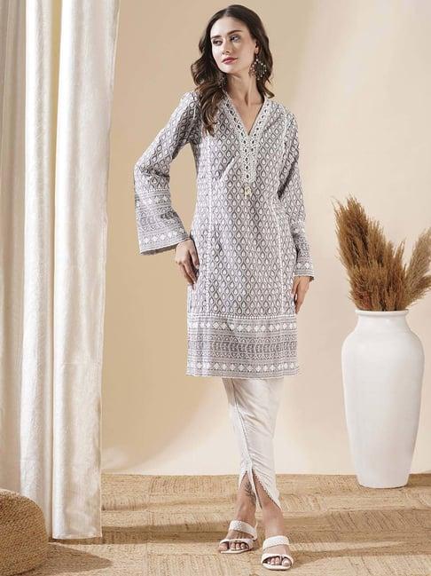 fashor grey & white printed kurti dhoti pant set