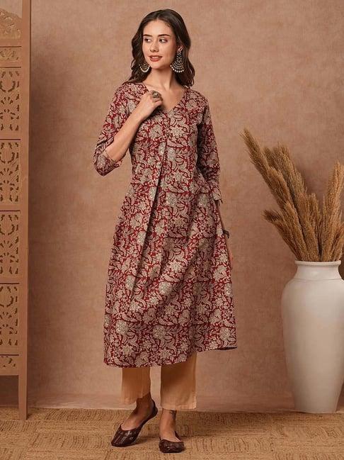 fashor maroon & beige cotton floral print kurta pant set