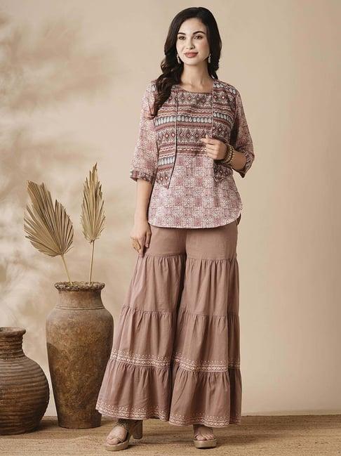 fashor beige cotton printed kurti sharara set with jacket