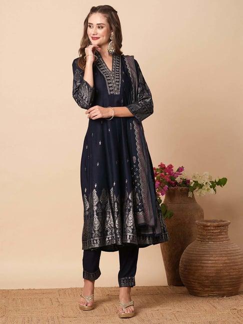 fashor navy printed kurta pant set with dupatta