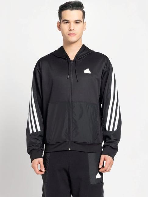 adidas black loose fit striped sports hoodi