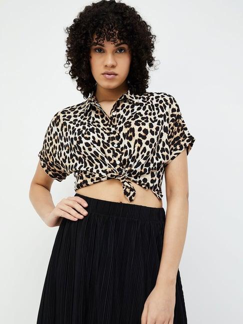 ginger by lifestyle brown & black animal print crop shirt