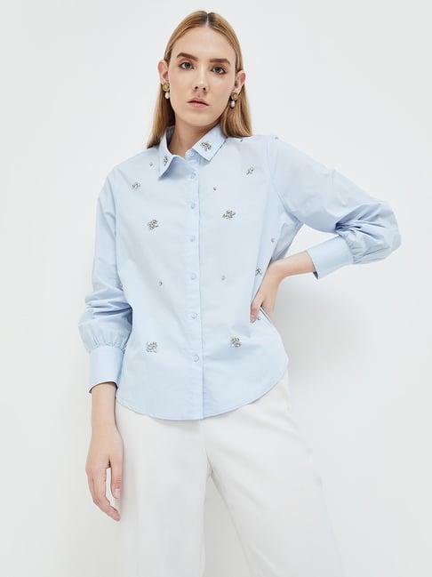 code by lifestyle light blue cotton embellished shirt