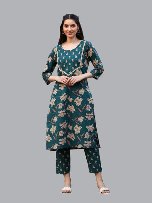 deckedup green cotton floral print kurta with pants