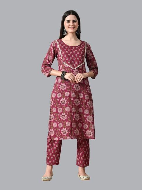 deckedup burgundy cotton embellished kurta with pants