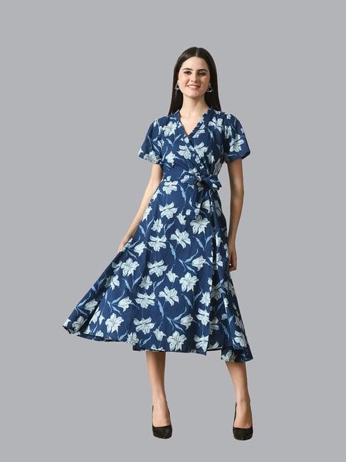 deckedup indigo cotton floral print wrap dress