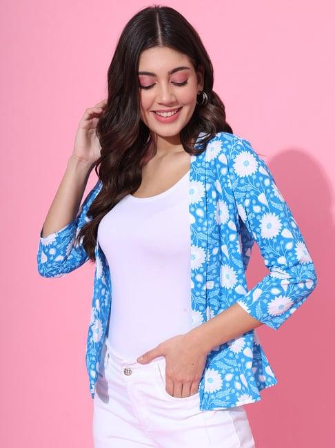 deckedup blue cotton floral print shrug