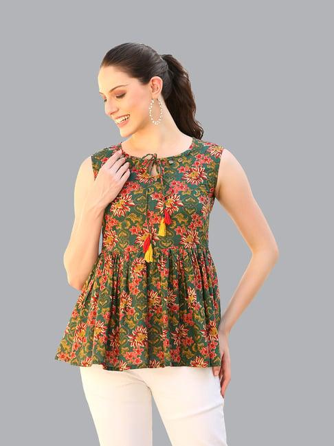 deckedup green cotton floral print top