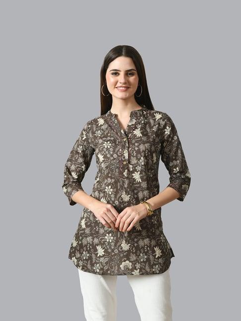 deckedup grey cotton floral print tunic