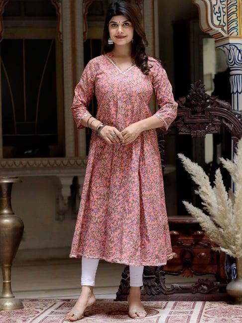 miravan peach cotton a line floral print kurta