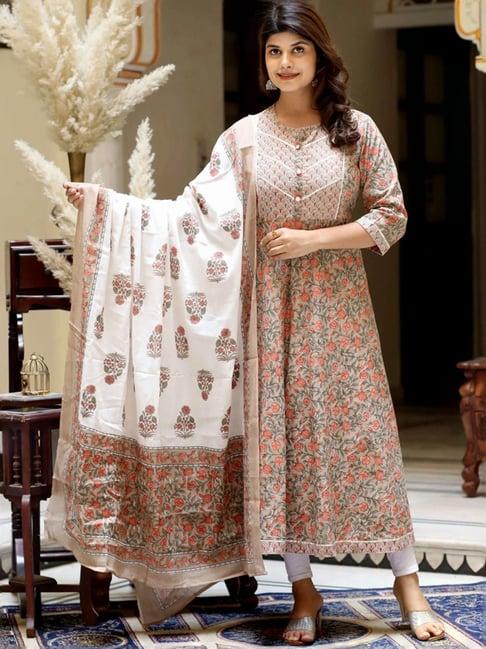 miravan nude cotton flared floral print kurta with dupatta