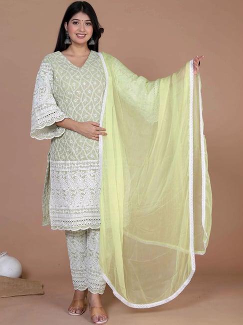 miravan green cotton embroidered kurta pant set with dupatta