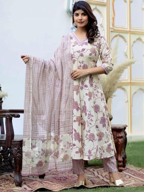 miravan cream cotton floral print kurta pant set with dupatta