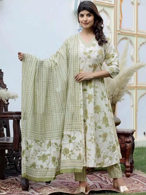 miravan green cotton floral print kurta palazzo set with dupatta