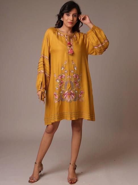 zari jaipur yellow embroidered a-line dress