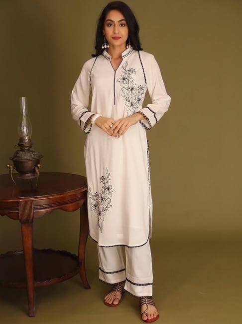 zari jaipur white embroidered kurta pant set