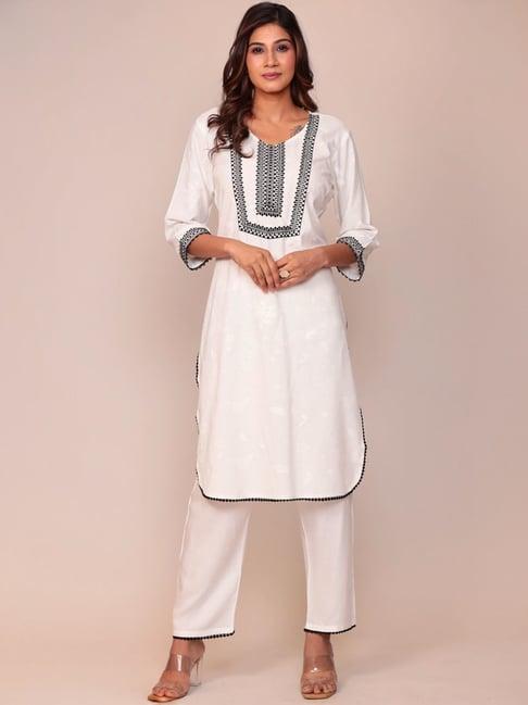 zari jaipur white cotton embroidered kurta pant set