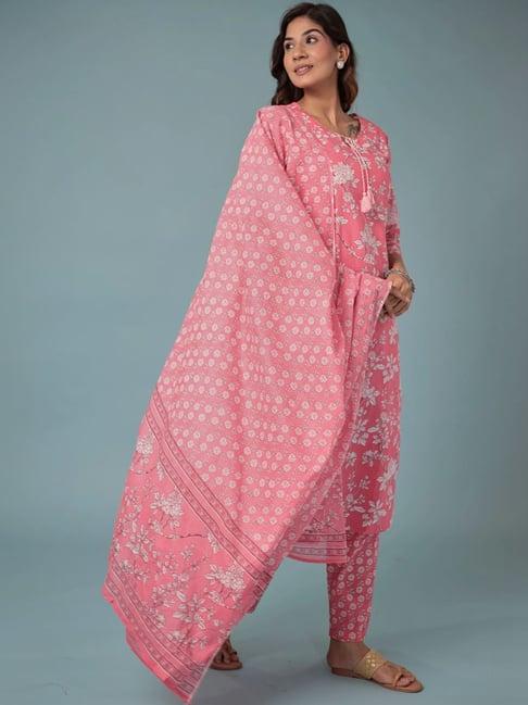 zari jaipur pink cotton floral print kurta pant set with dupatta