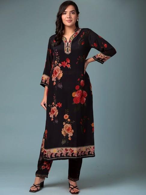 zari jaipur black floral print kurta pant set