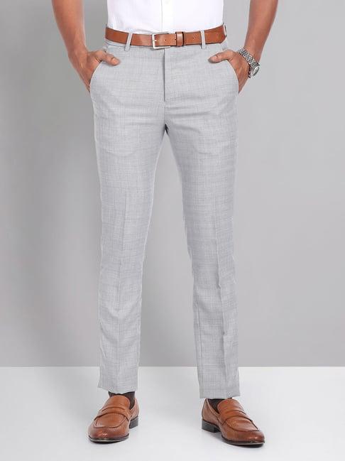 ad by arvind grey melange slim fit check flat front trousers