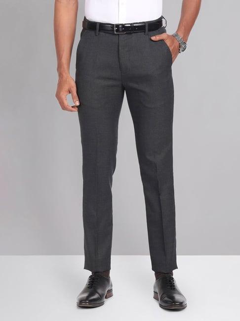 ad by arvind dark grey slim fit check flat front trousers