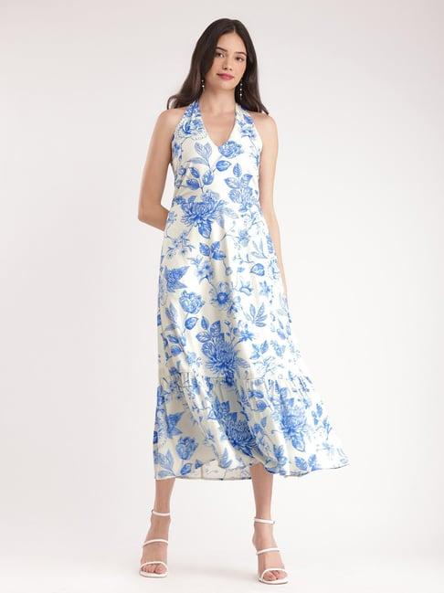 fablestreet blue & white floral print midi dress