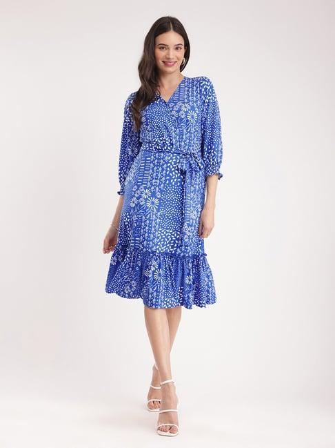 fablestreet blue & white floral print wrap dress