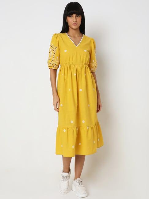 vero moda yellow & white cotton embroidered midi dress